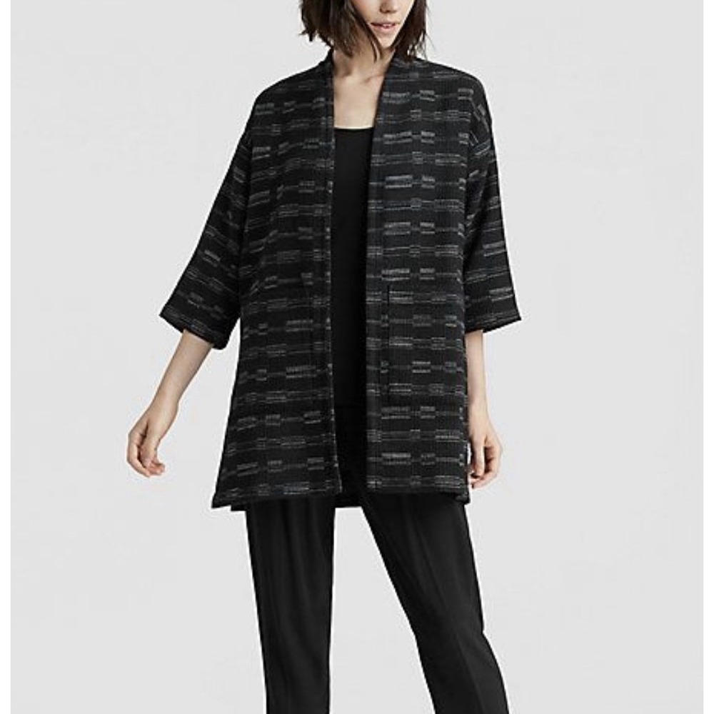 Eileen Fisher Black Spatial Cotton Wool Kimono Jacket Artsy Oversized Lagenlook